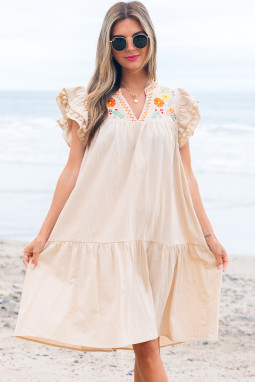 喷气流亚麻刺绣颈部POM POM荷叶边袖子流动短裙