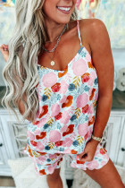 多彩色花朵V脖子Cami Top和荷叶边的短裤休息室套装