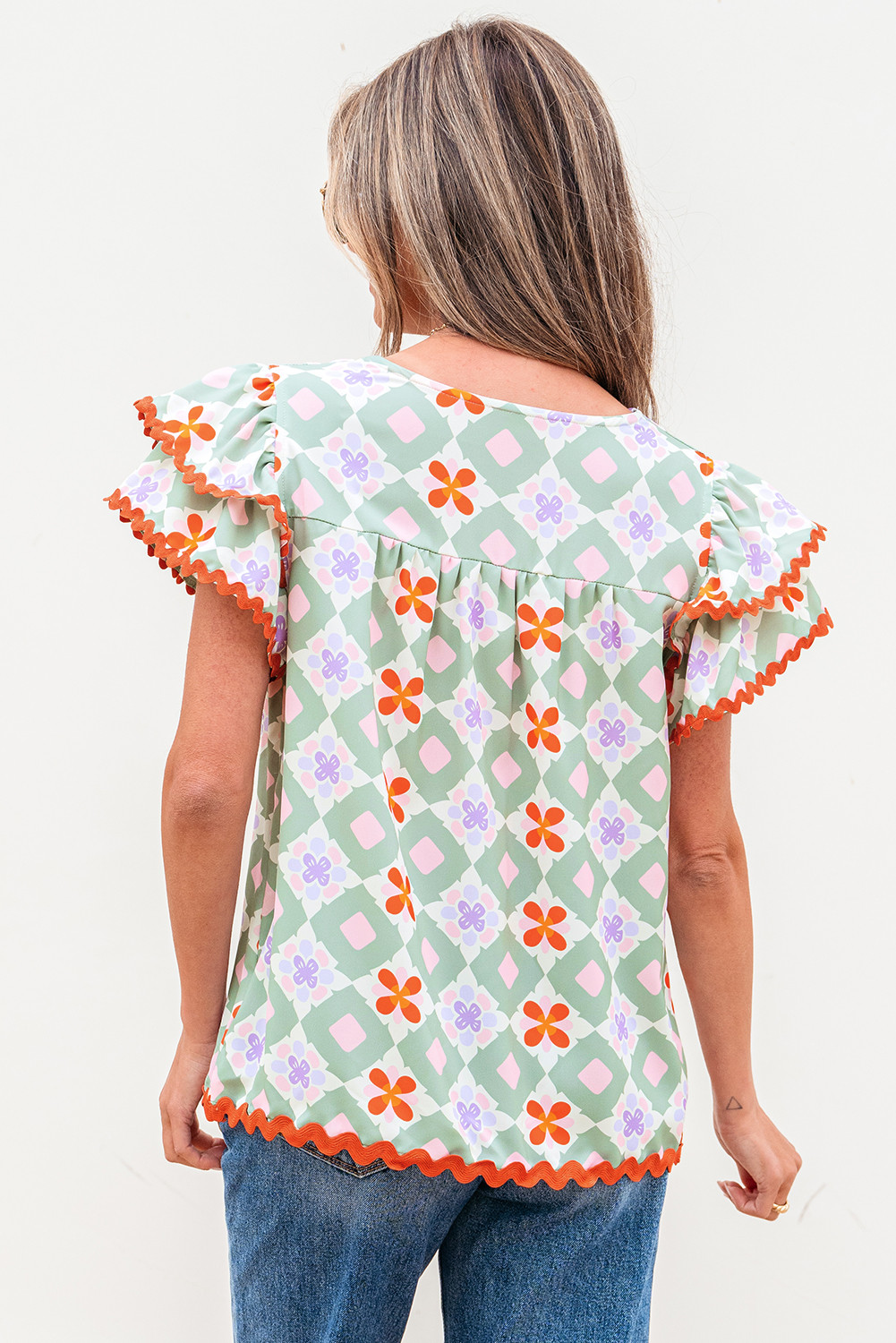 绿色几何花卉印花分层式式袖子v Neck ric rac rac Trim上衣 LC25131561