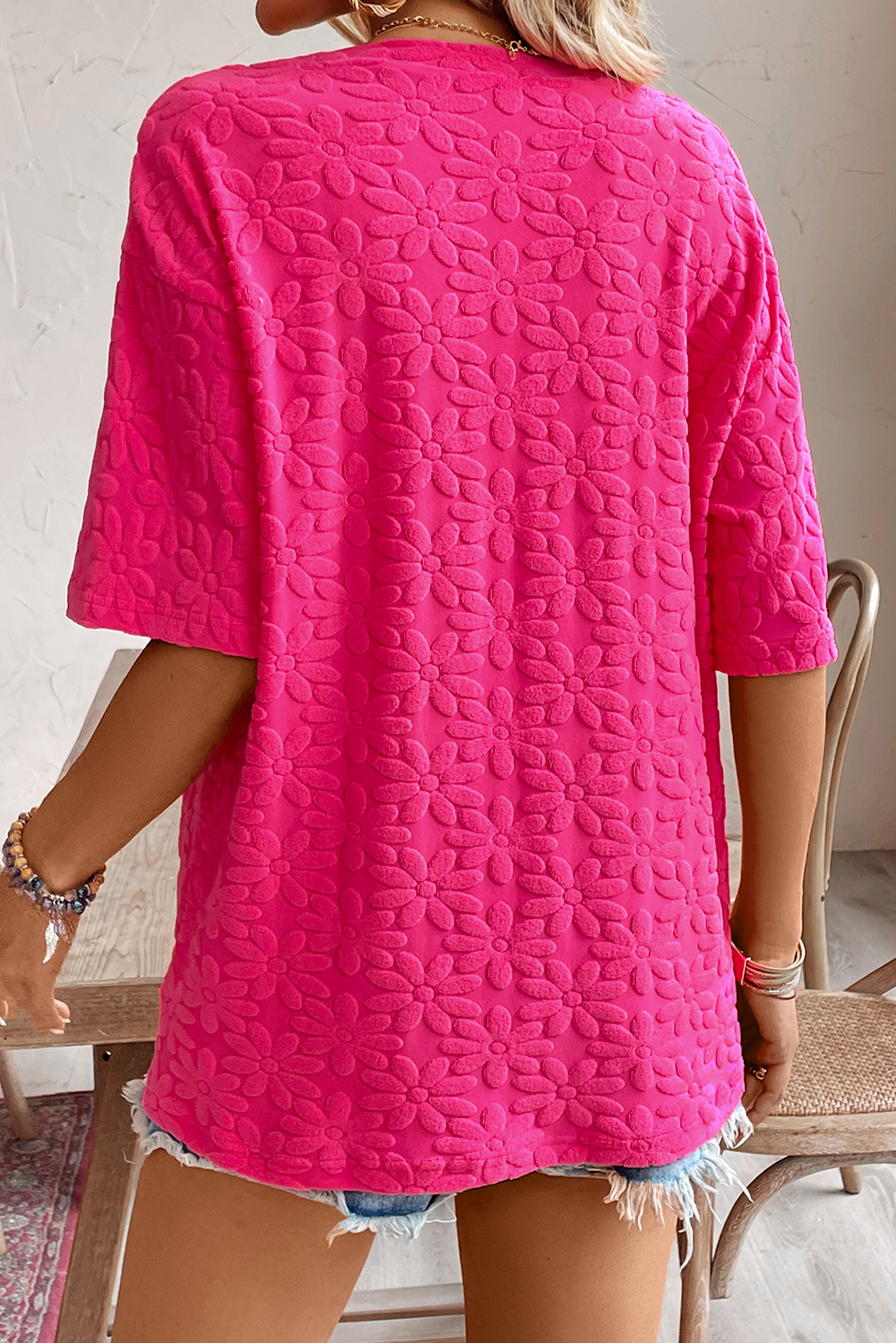 玫瑰红雏菊花jacquard半袖T恤 LC25229164