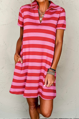 红色条纹纹理针织领v脖子换档T恤连衣裙