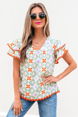 绿色几何花卉印花分层式式袖子v Neck ric rac rac Trim上衣