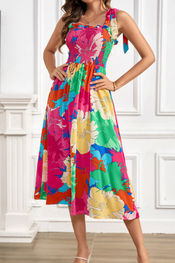 玫瑰大胆的花卉印花结束带摇摇欲坠的高腰米迪连衣裙