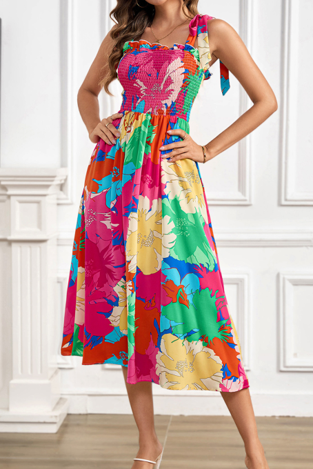 玫瑰大胆的花卉印花结束带摇摇欲坠的高腰米迪连衣裙