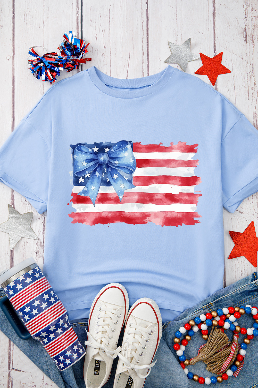 Myosotis American Flag Bow结式打印半袖T恤 LC25229143