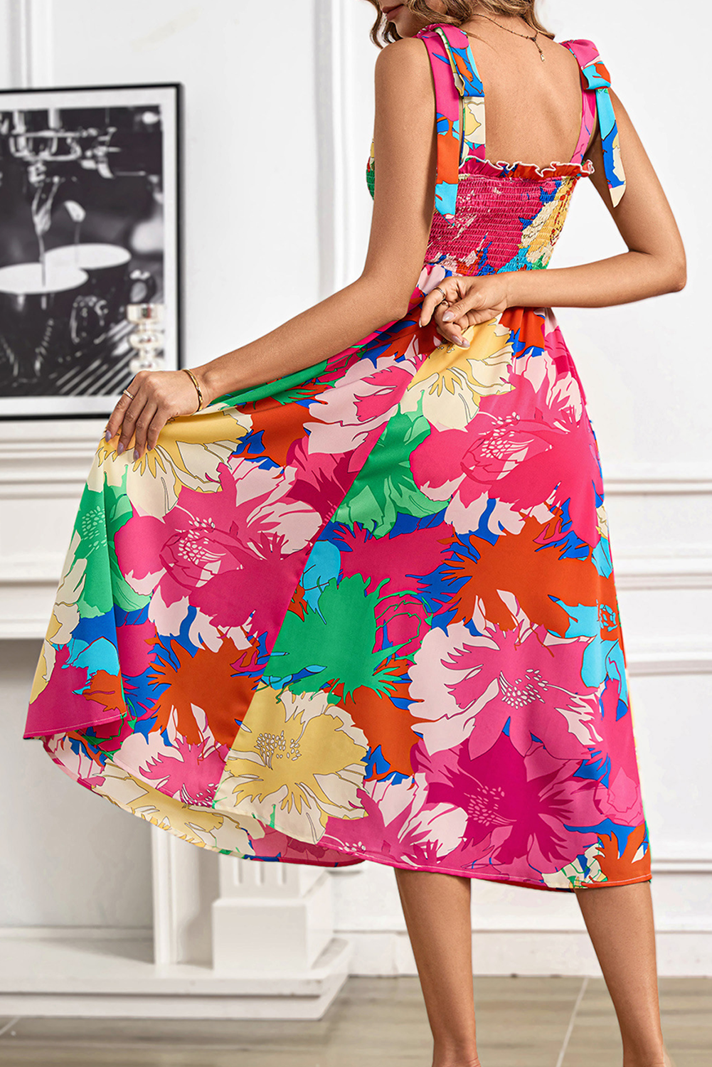 玫瑰大胆的花卉印花结束带摇摇欲坠的高腰米迪连衣裙 LC6125668