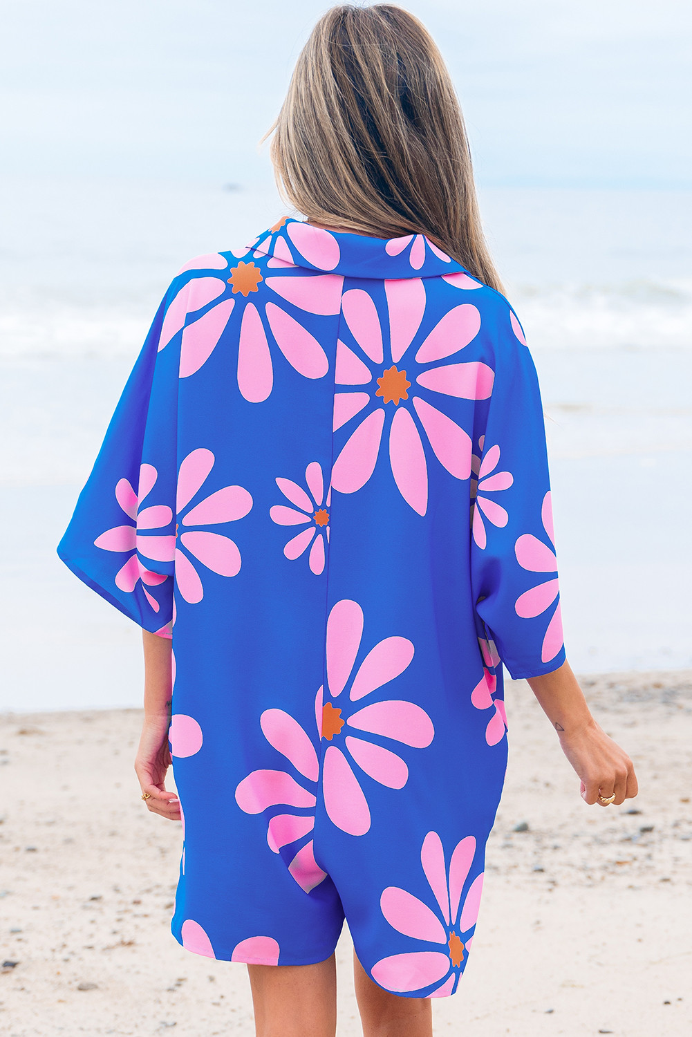 蓝色的夏季花衬衫套件纽扣纽扣前松动romper LC6414282
