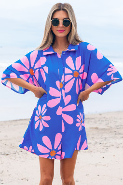 蓝色的夏季花衬衫套件纽扣纽扣前松动romper