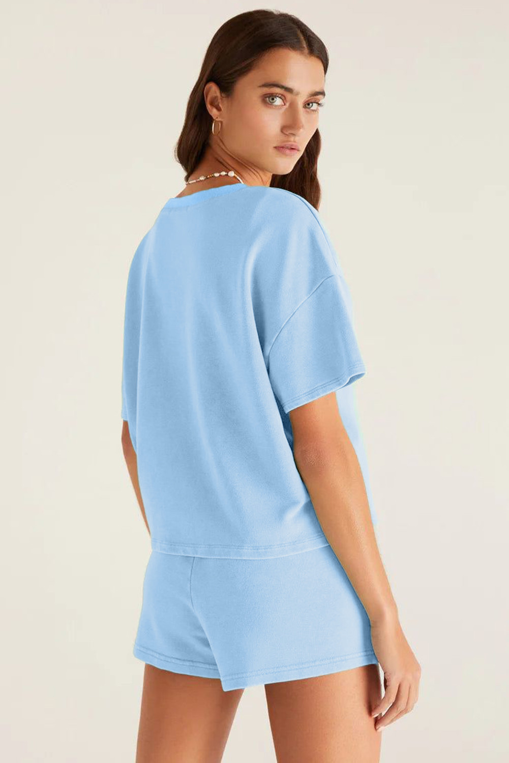 Myosotis v Neck Drop肩T恤和拼布拉链短裤套装 LC627268