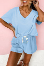 Myosotis v Neck Drop肩T恤和拼布拉链短裤套装