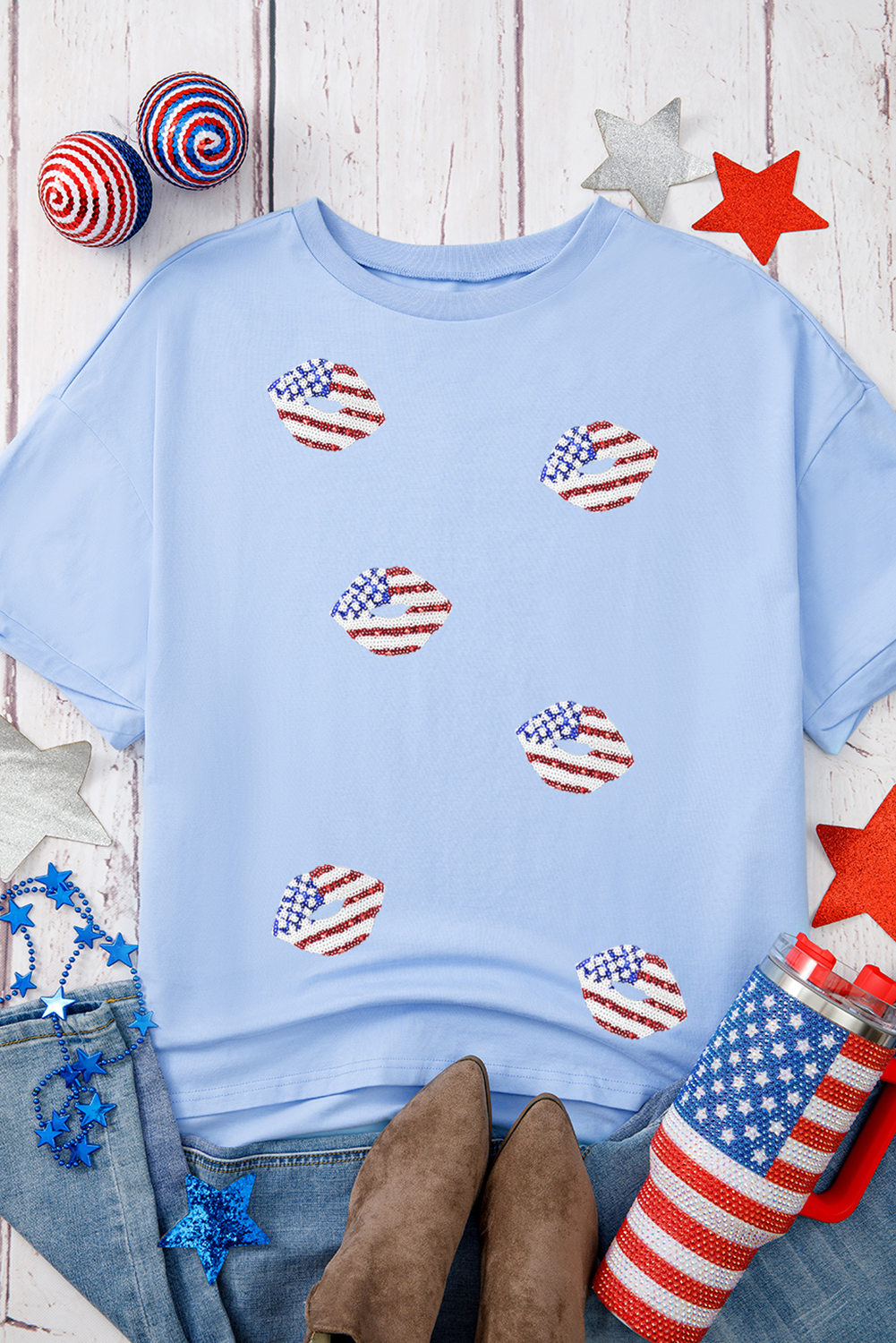 Myosotis Kiss American Flag Sequin Lip Graphic Graphic Gressize T恤 LC25229209