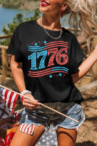 黑色1776美国国旗主题印刷船员脖子T恤