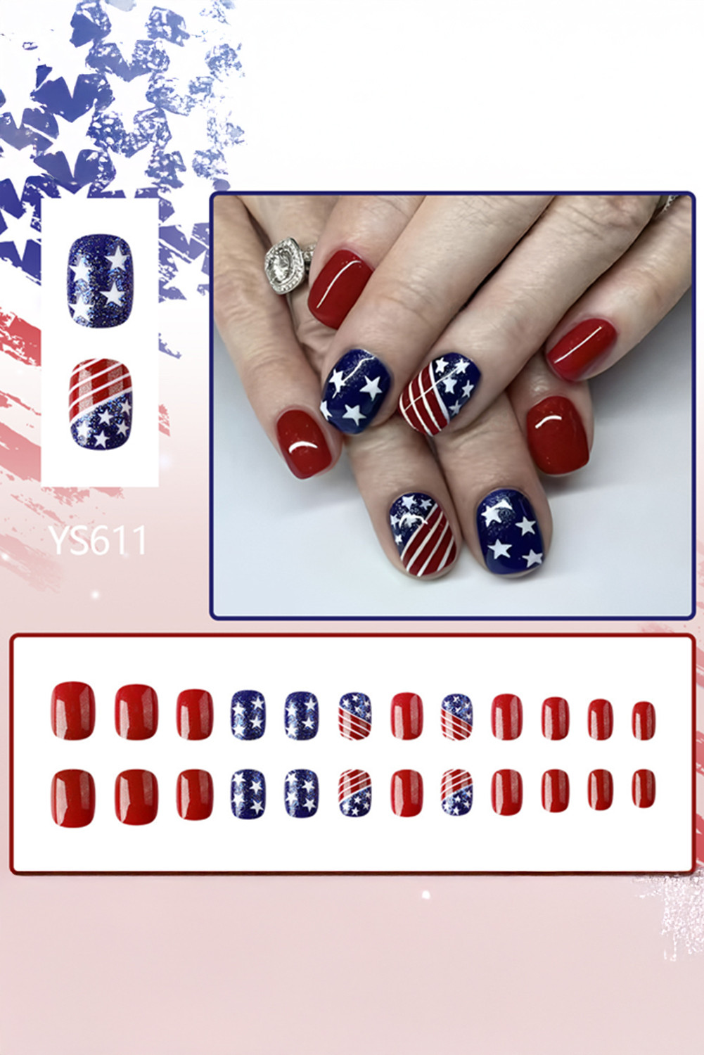 深蓝色24pcs美国国旗短方形指甲贴纸 BH063095