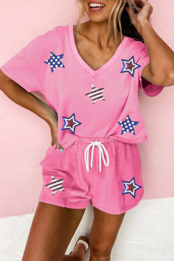 Bonbon Sequin American Flag Star Patch v Neck Tee和短套
