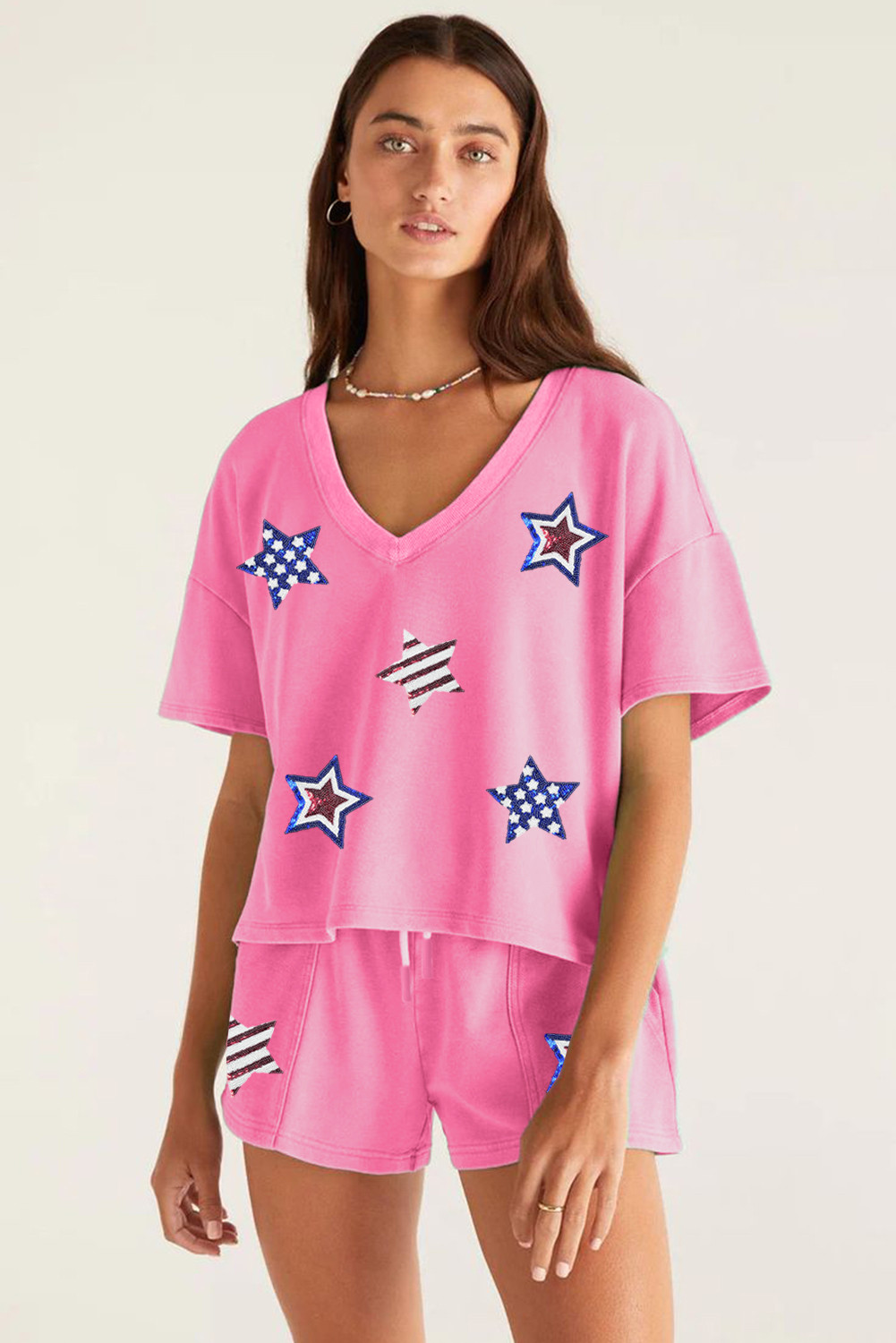 Bonbon Sequin American Flag Star Patch v Neck Tee和短套 LC627268