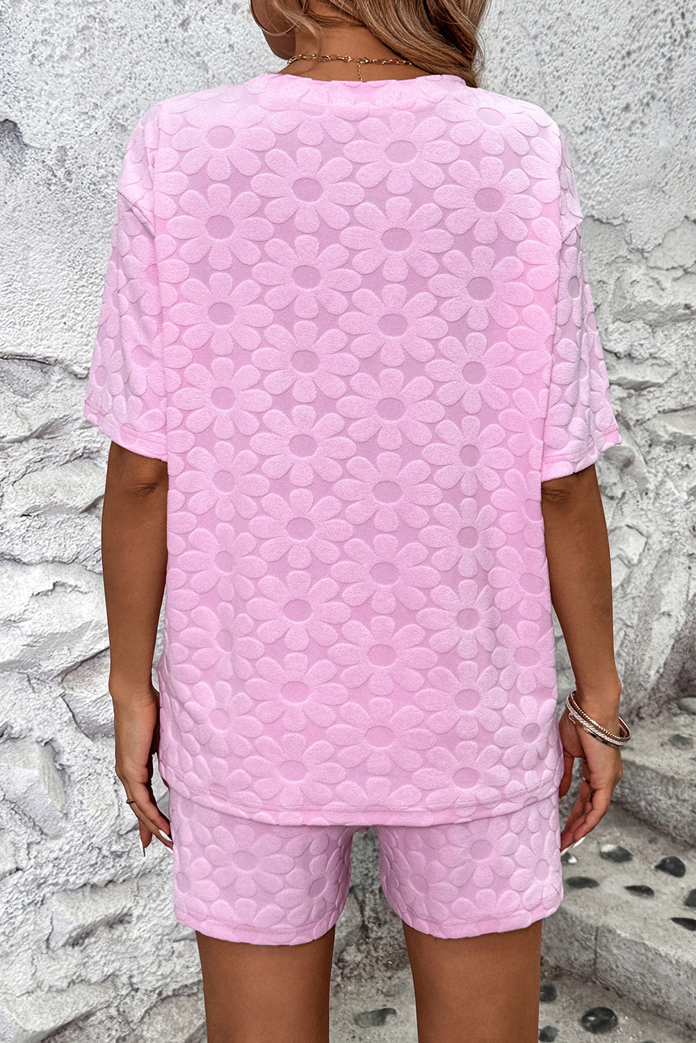 粉红色的花质质地短2件服装 LC627892