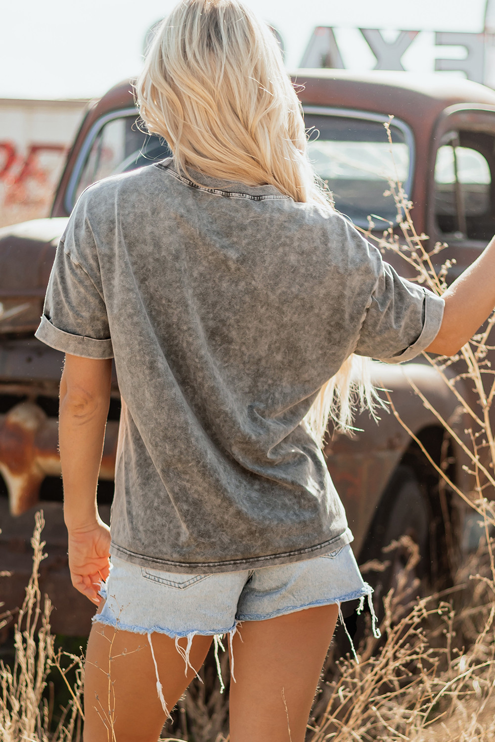 浅灰色西部转向头扎着染料印刷机组人员脖子T恤 LC25227075