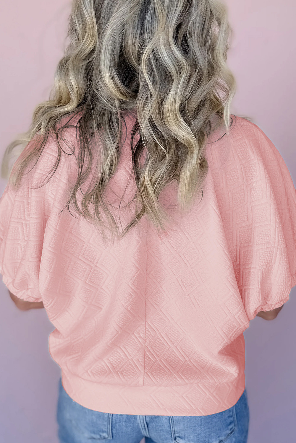 浅粉红色的对比条纹领子拼布纹理纹理半袖上衣 LC25131806