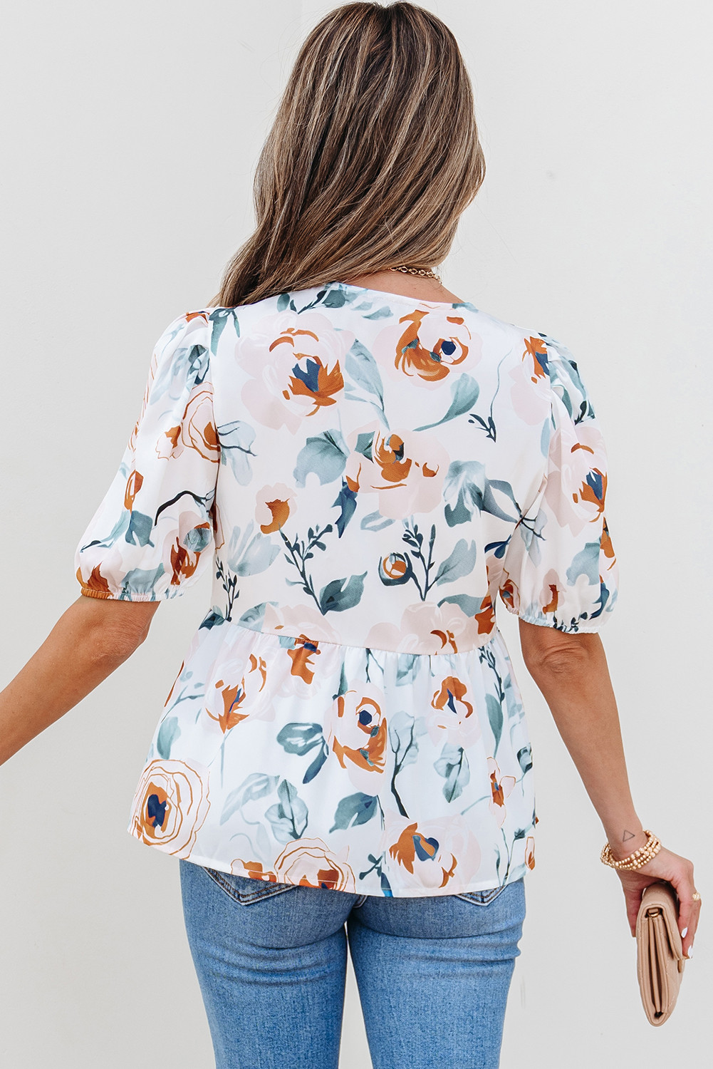 绿色花卉印花泡芙袖v脖子babydoll衬衫 LC25131995