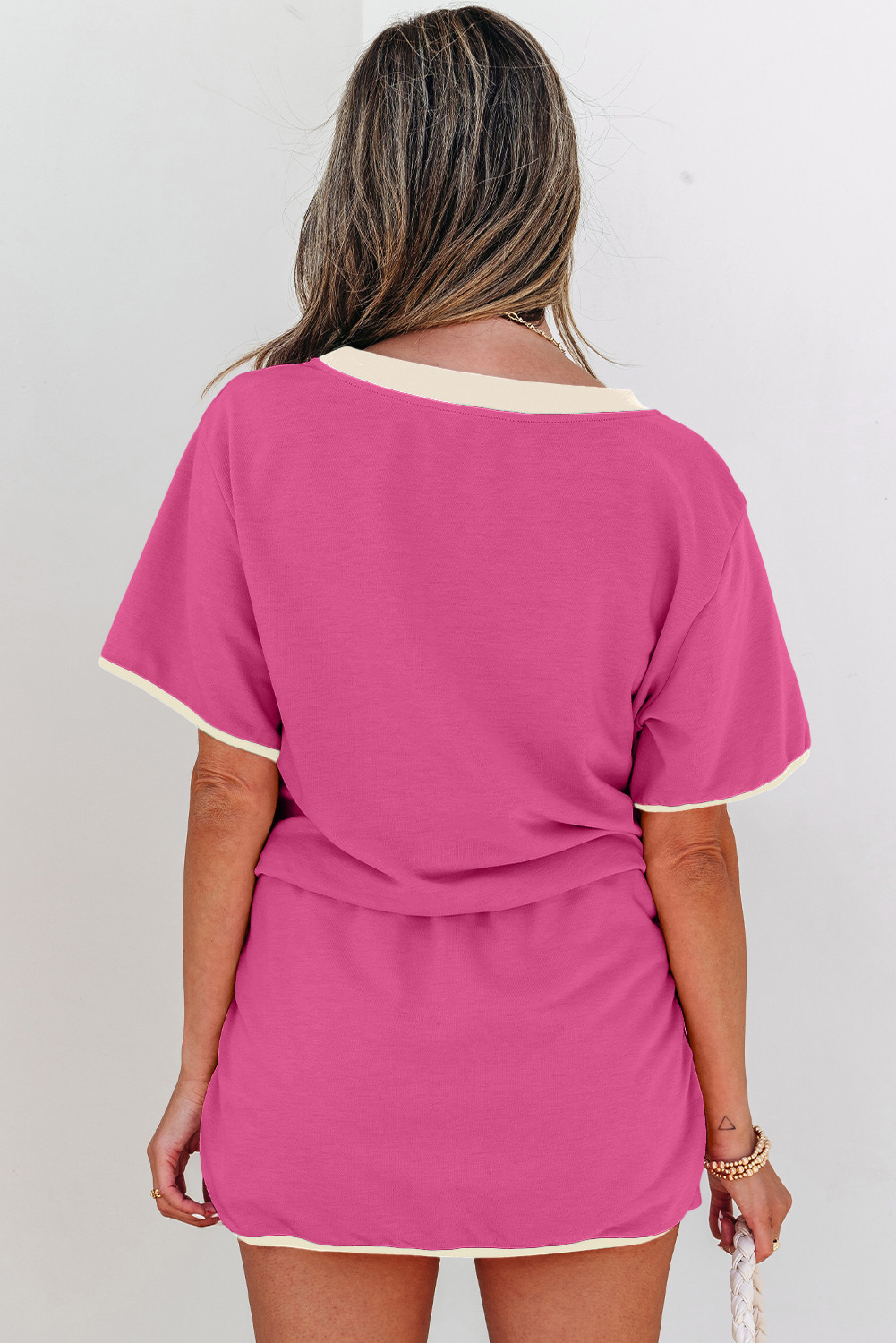 玫瑰红色的Colorblock Edge Drop Drop肩t衬衫和Skort 2pcs套装 LC631178