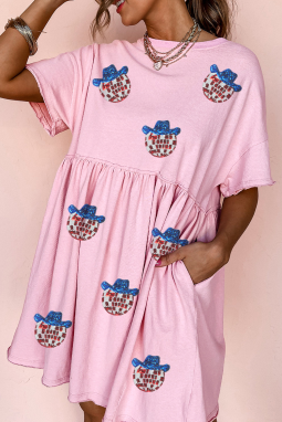 浅粉红色的美国国旗灵感亮片迪斯科球修补换档迷你连衣裙