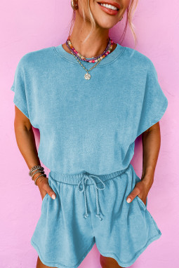 迷雾蓝色矿物洗涤串腰腰部空心后部短袖romper