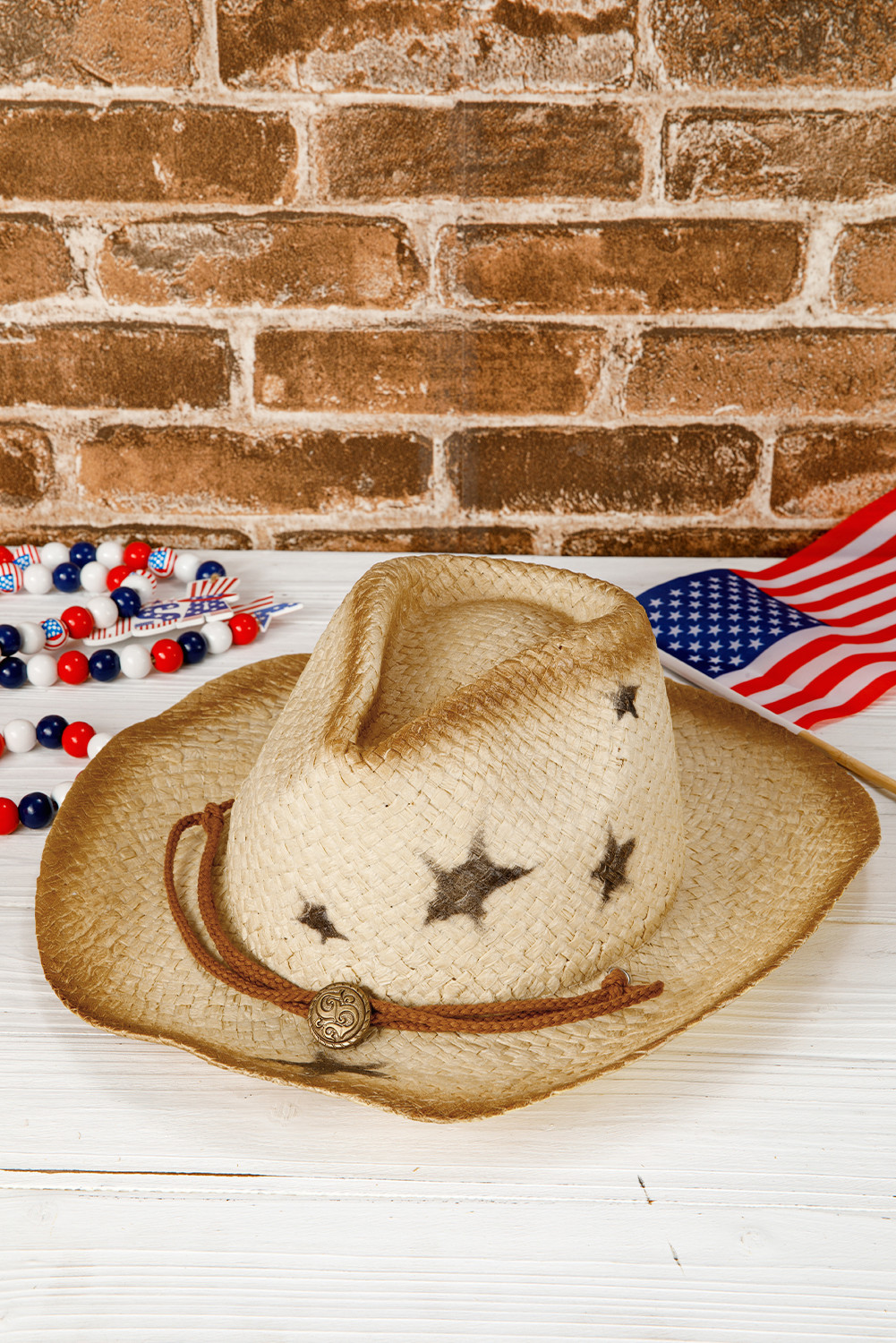 卡其色复古星形形状编织的宽式布林扣帽 BH042985