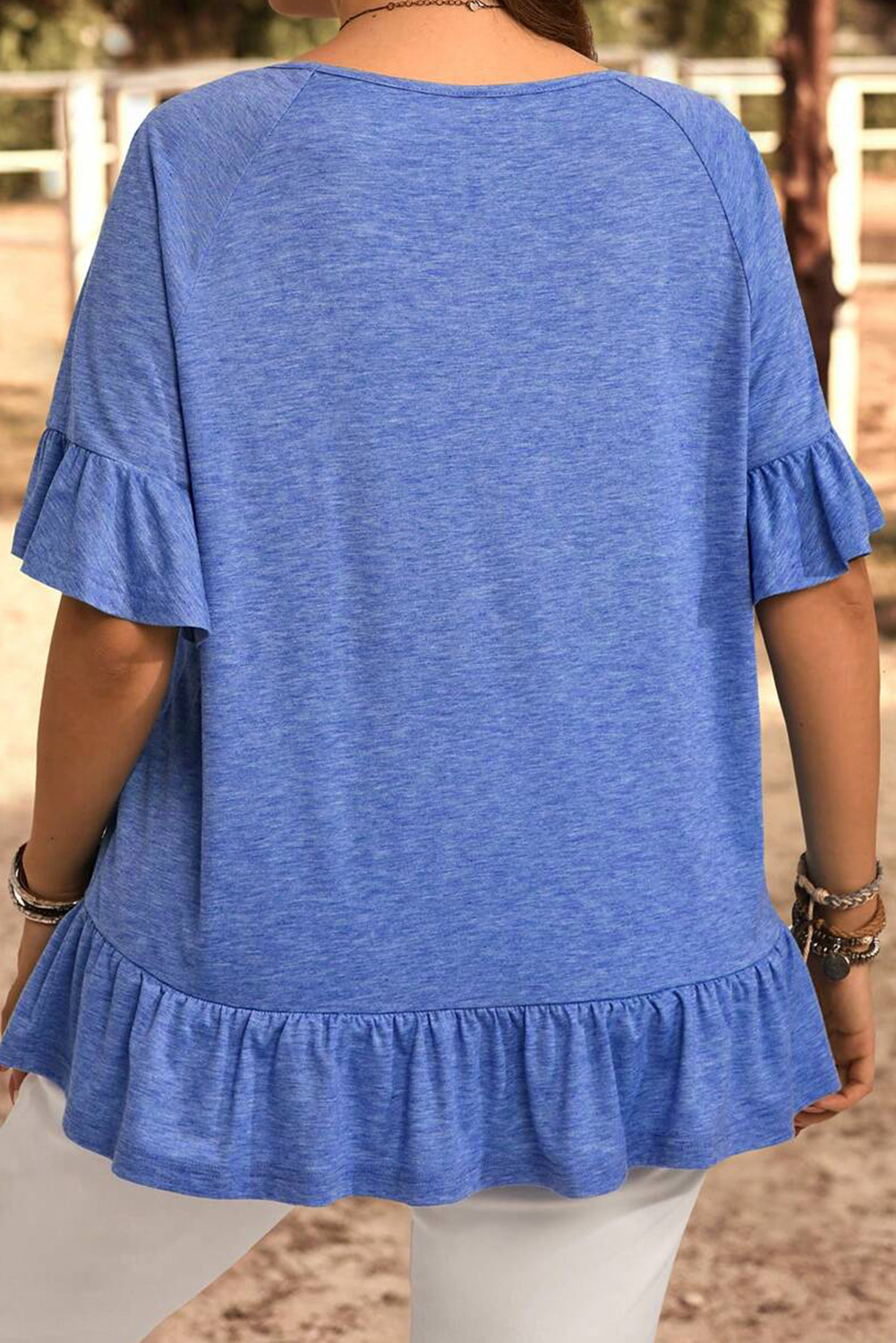 黄昏蓝色荷叶边短袖加大尺寸休闲衬衫 PL2514004