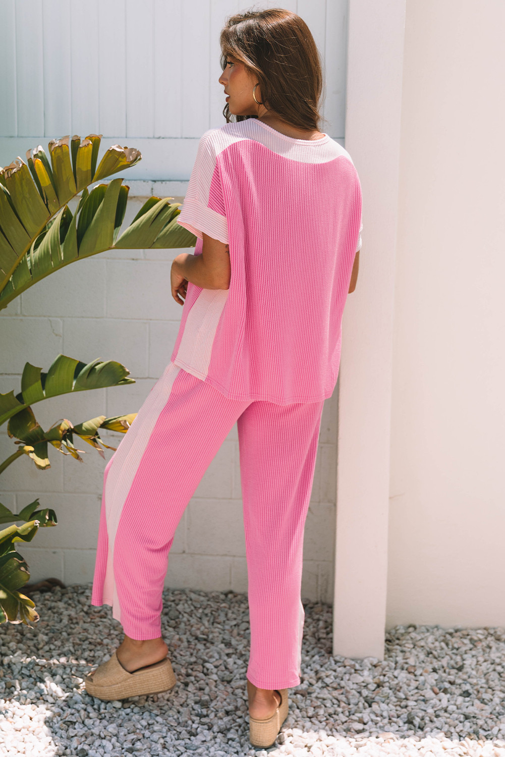 袋装粉红色的2色色块拼布有线2件服装 LC627518