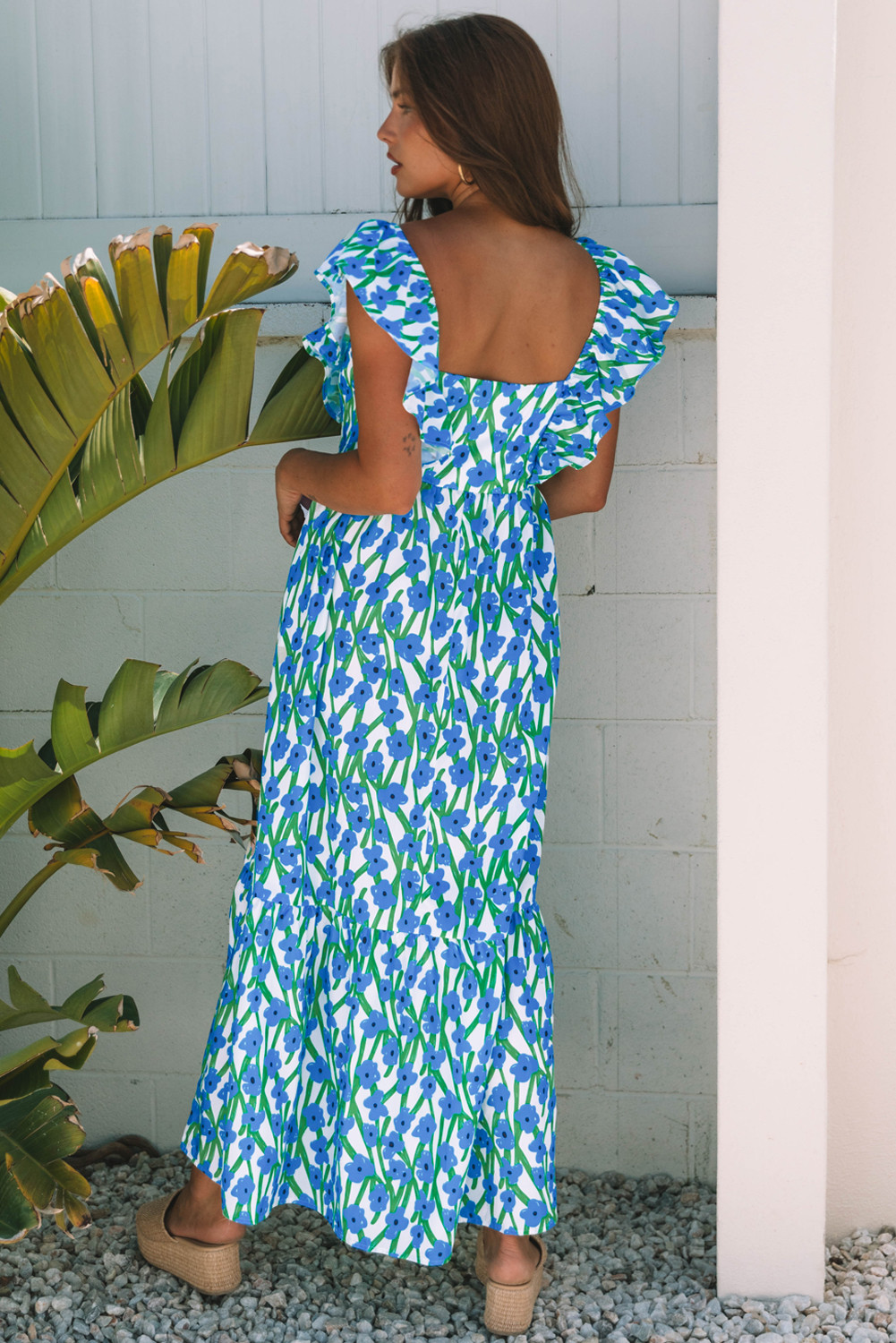 蓝色的花卉印花方形颈部荷叶边绑带长裙 LC6119896
