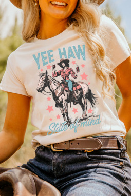 白Yee Haw的心态女牛仔图形西方时尚T恤
