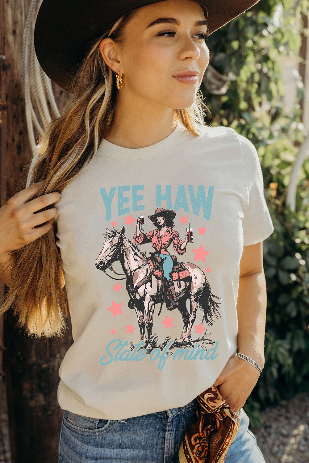 白Yee Haw的心态女牛仔图形西方时尚T恤 LC25229458