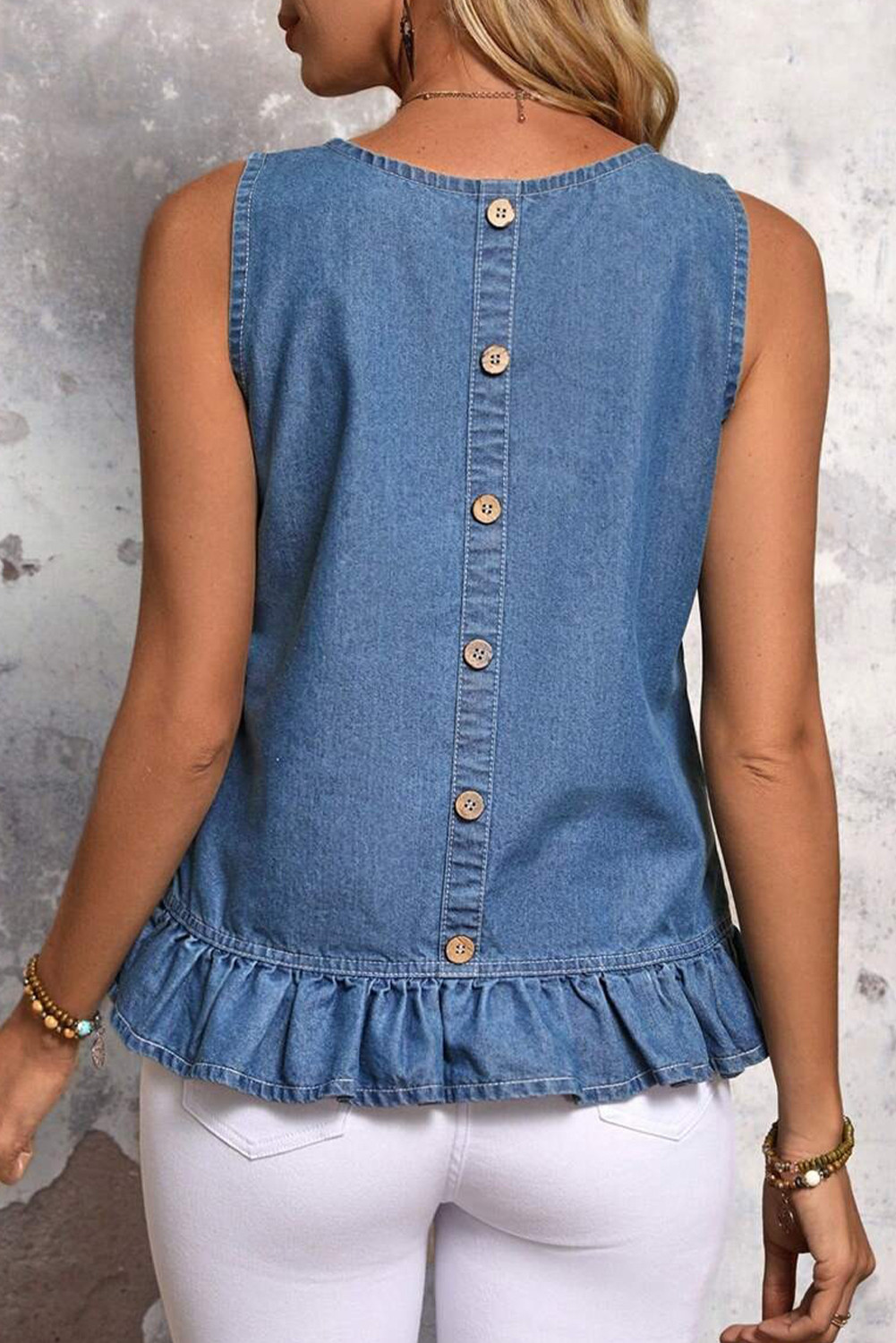 Sky Blue Ruffle Hem Sleeveless Denim Top LC7821430