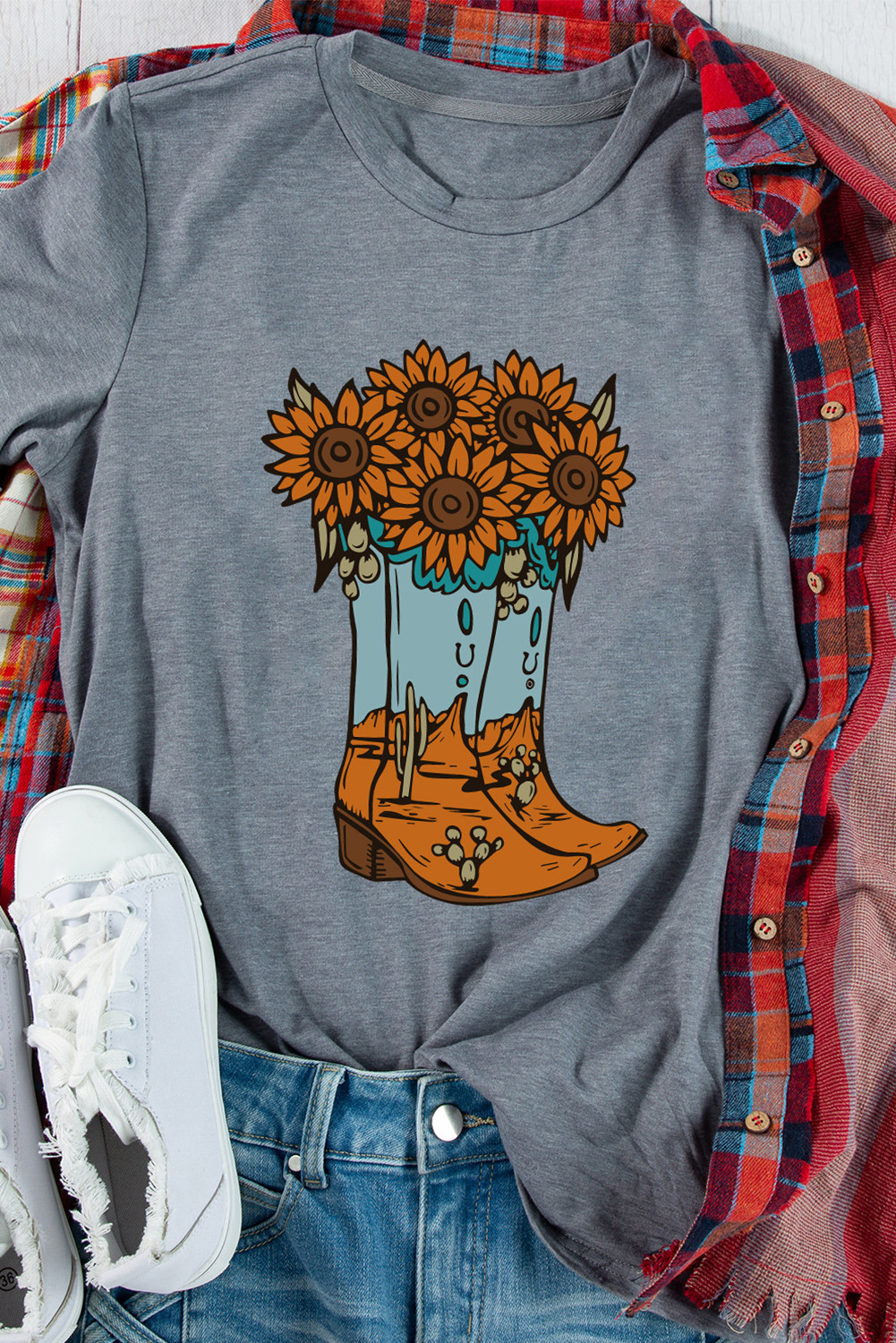 Gray Sunflower Cowgirl Boots Print Western Fashion T Shirt LC25229489