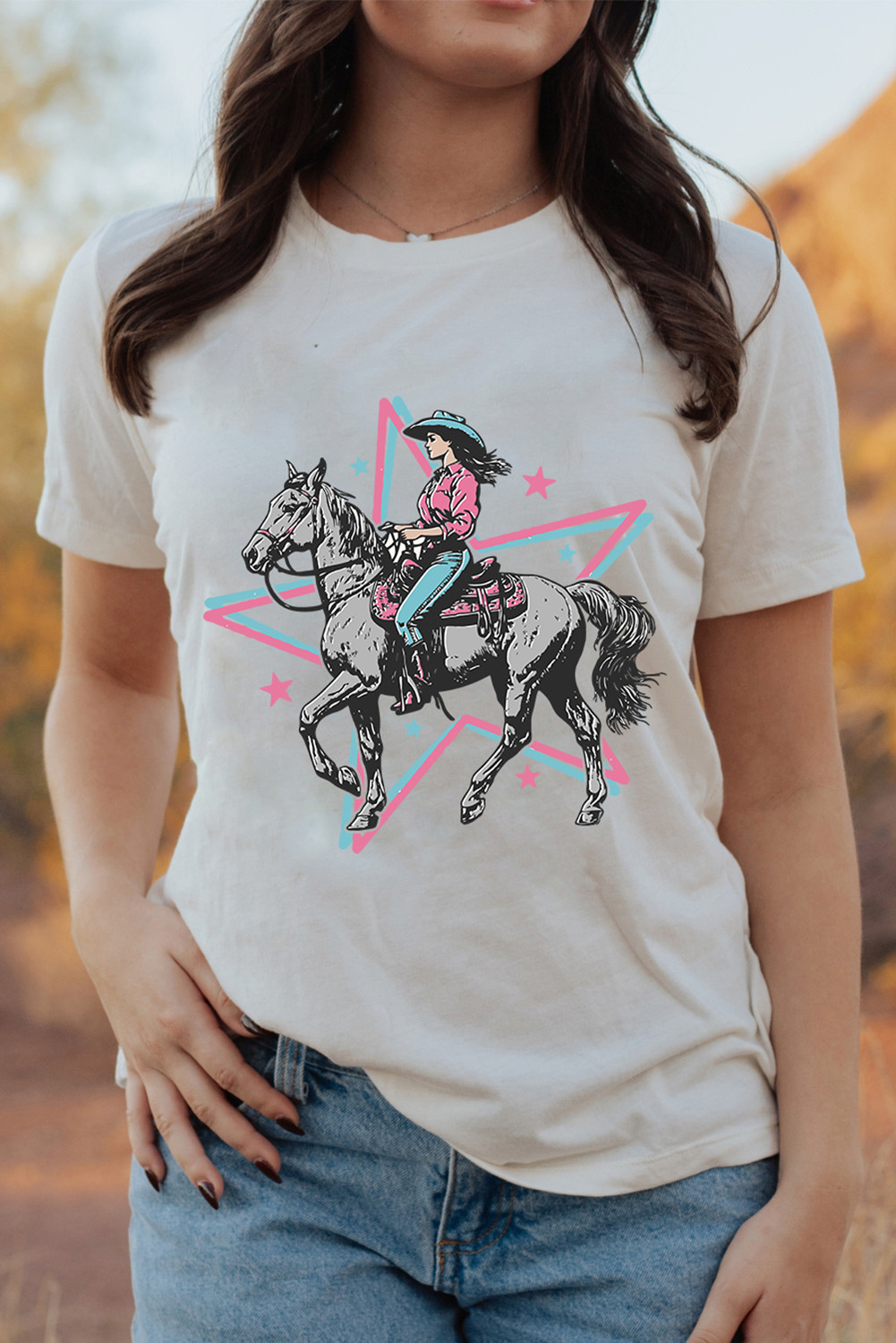 White Star Cowgirl Graphic Round Neck T Shirt LC25229459