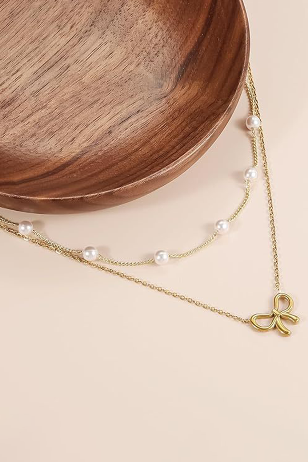Gold Bow Pendant Pearl Beads Double Layer Necklace BH014084