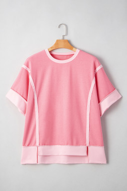 Peach Blossom Two Tones Patchwork Half Sleeve Plus Size T Shirt