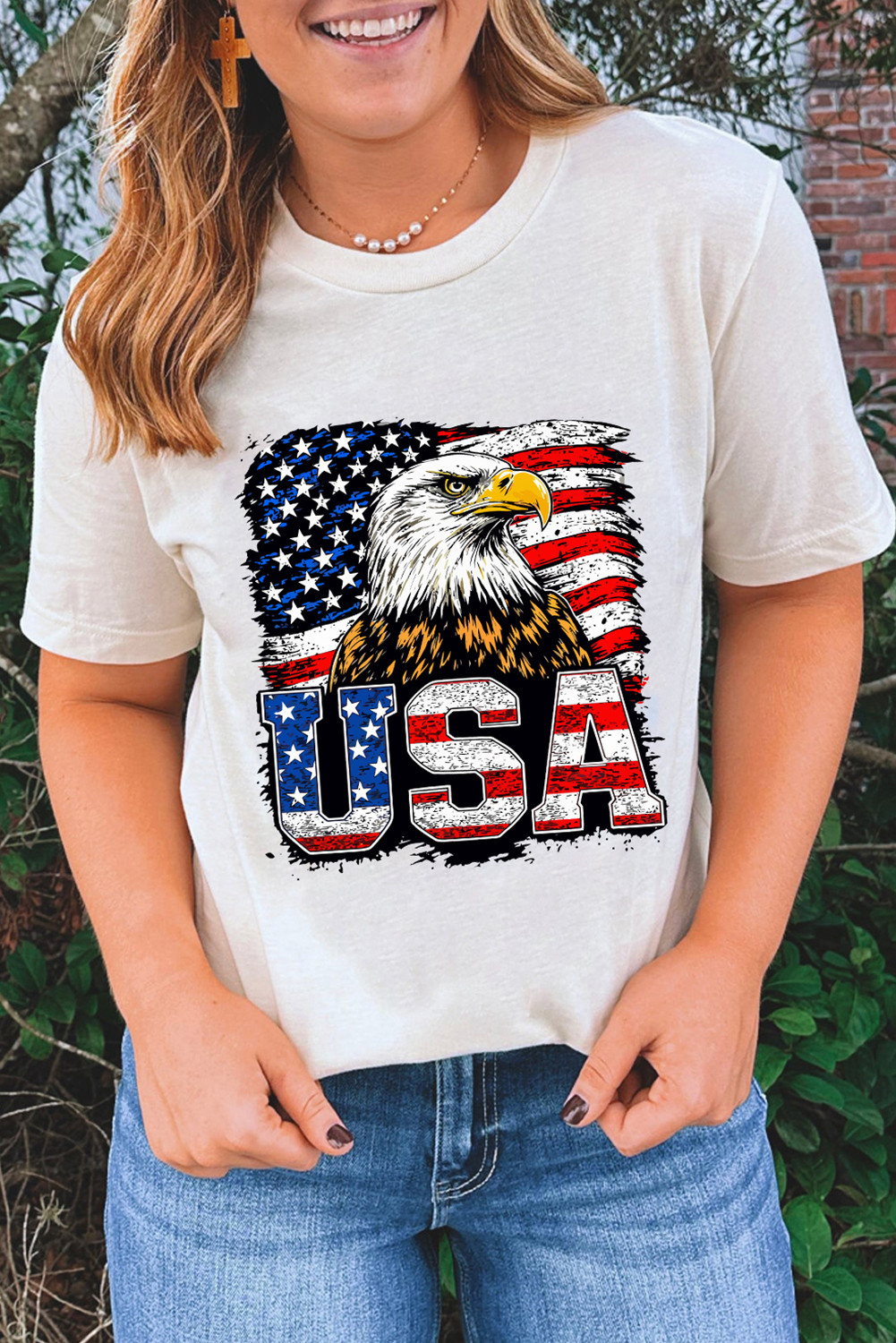 White USA Flag Eagle Graphic 4th July T Shirt LC25229454