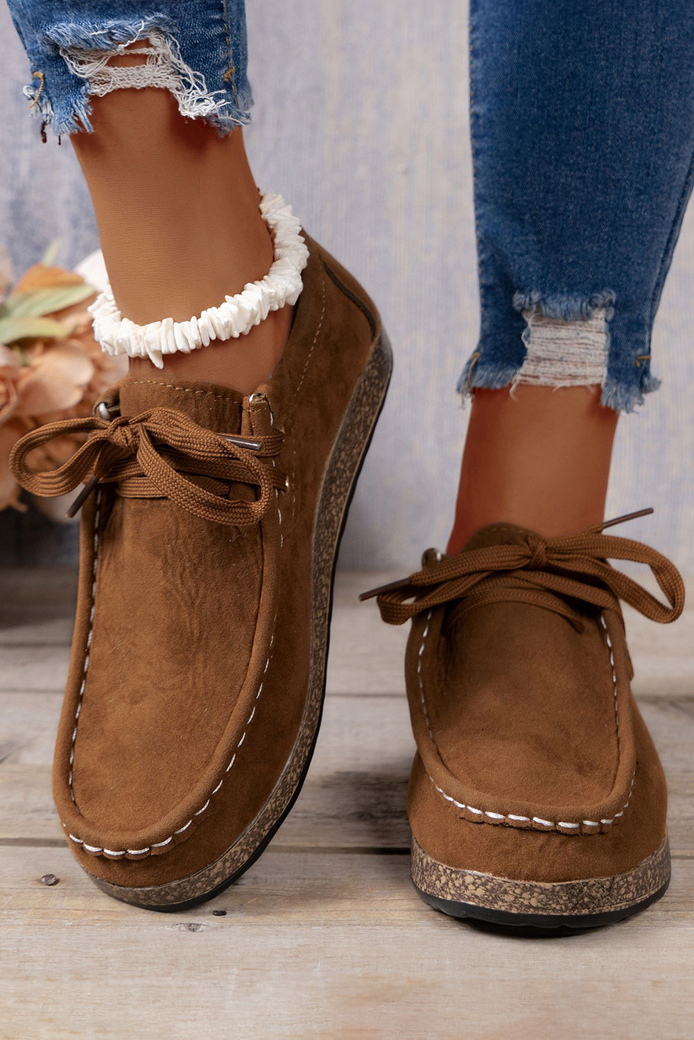 Coffee Thick Sole Lace-up Casual Shoes BH023888