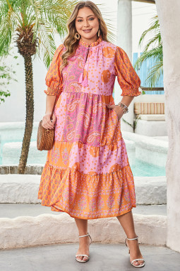 粉色波西米亚佩斯利花卉混合拼布流苏领带大码中长连衣裙