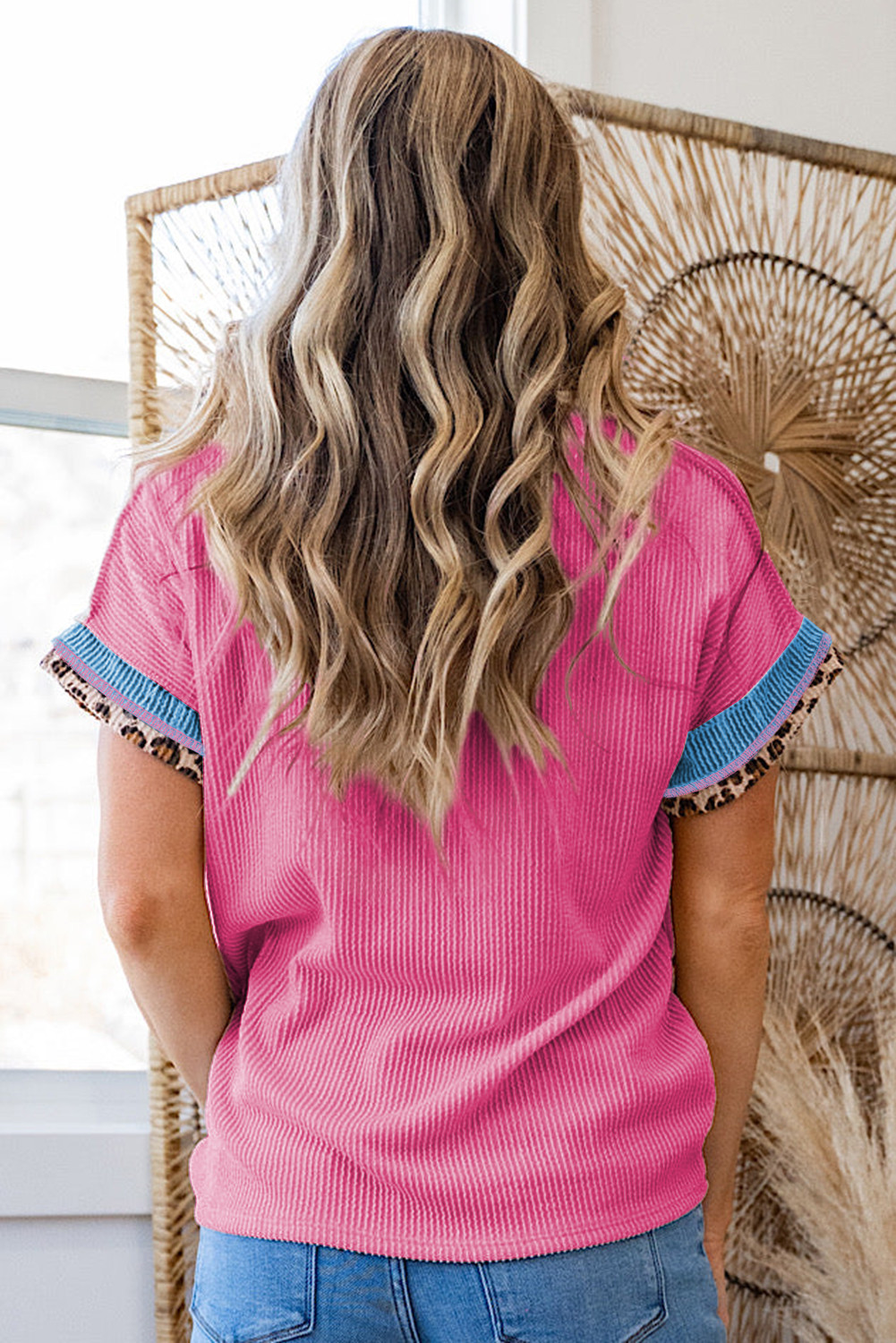 骨头豹纹绳索编织机组人员脖子T恤 LC25224229