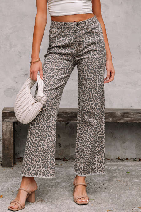 棕色豹纹边缘宽腿高腰牛仔裤