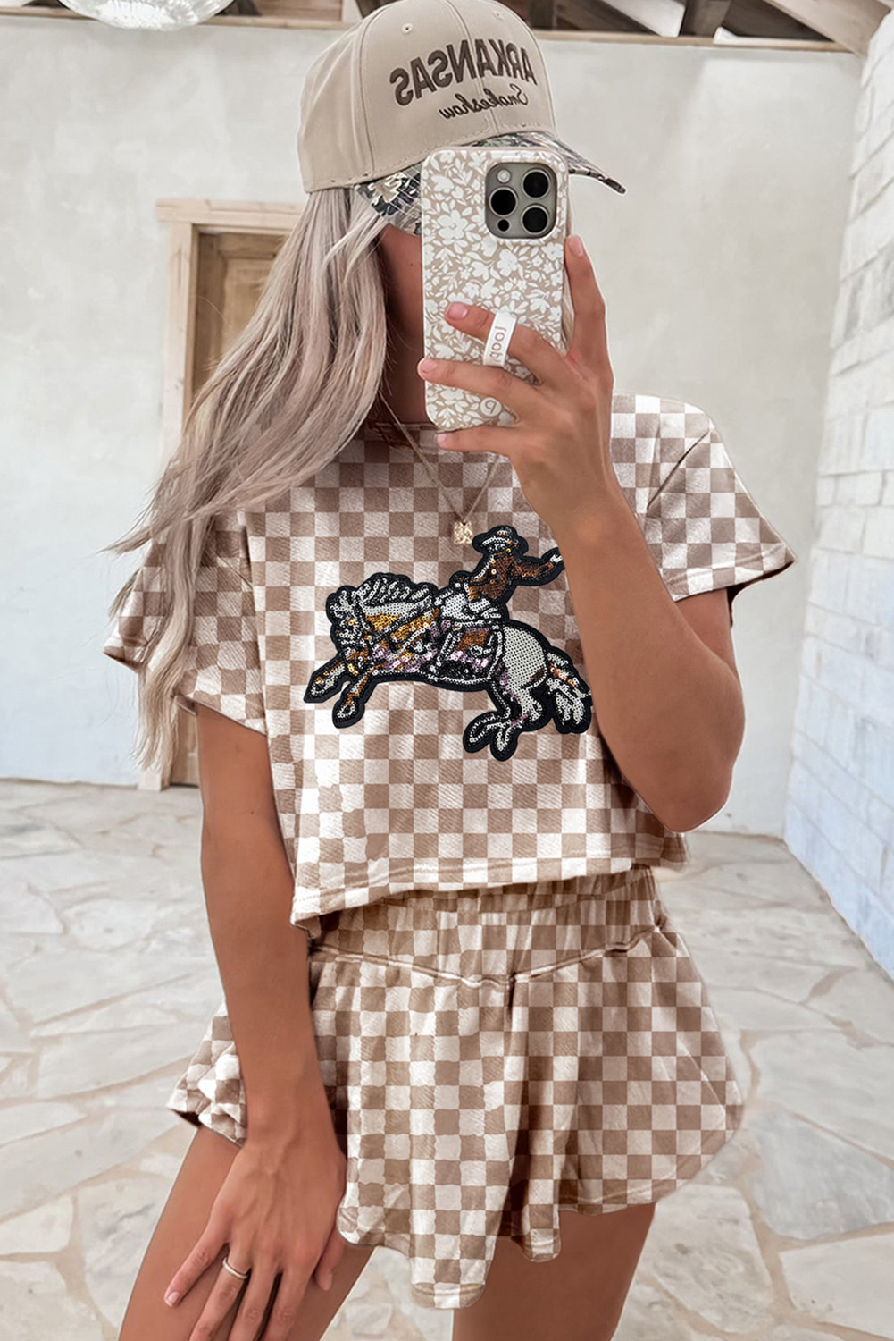 棕色亮片牛仔竞技表图裁剪T恤和短组 LC627483