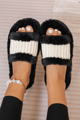 Black Plush Color Block Contrast Ribbed Patchwork Winter Slippers