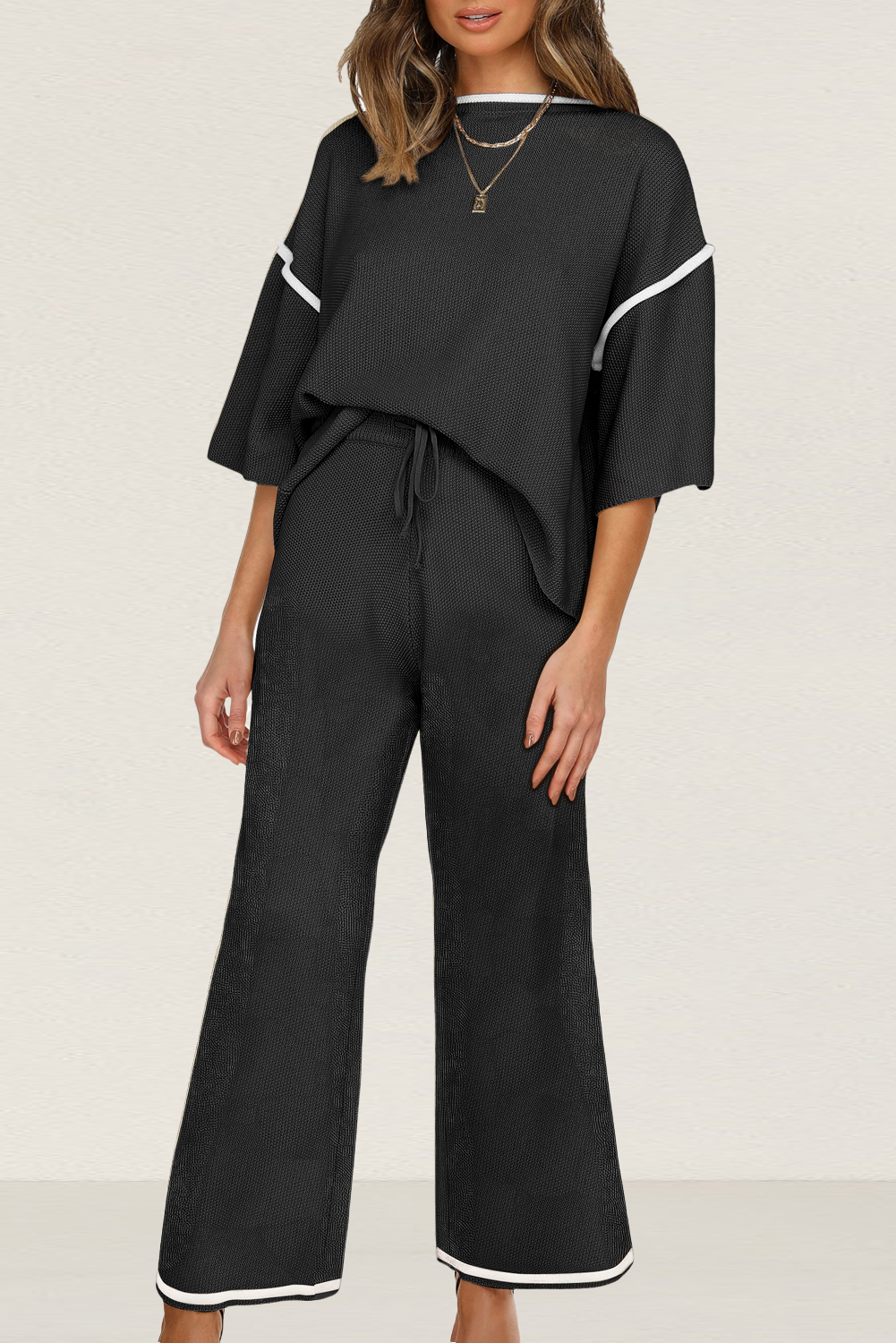 黑色对比装饰半袖顶束带裤子松散2件毛衣服 LC273557