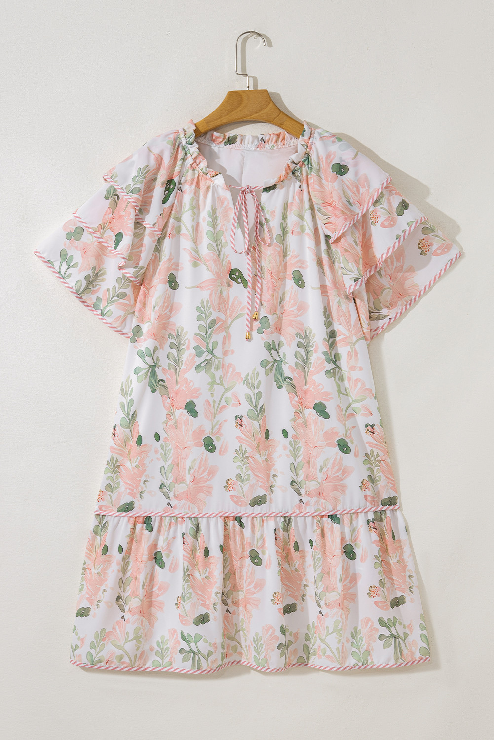 粉红色大小的花卉印花条纹细节短夏季礼服 LC6124822