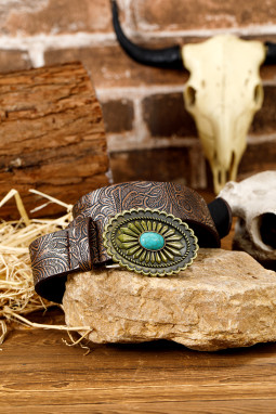 栗色复古绿松石装饰浮雕人造皮革皮带