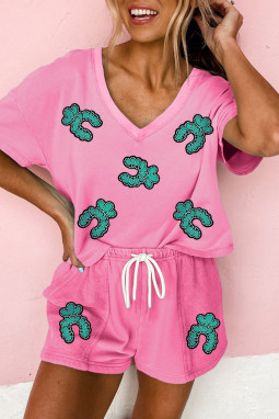 Bonbon Sequin Turquoise修补的V颈T型束线条短裤2pcs服装