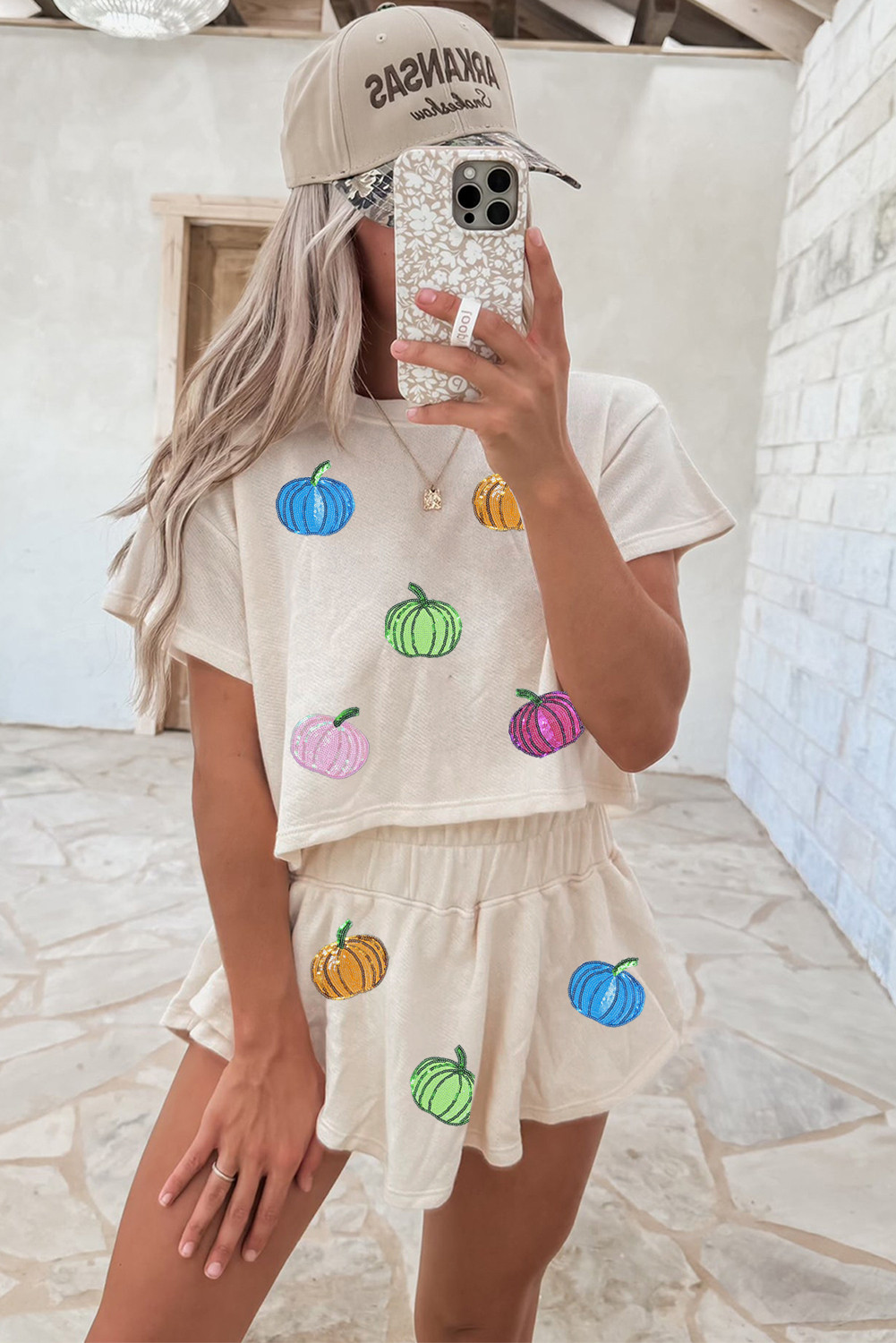 米色多色亮片南瓜裁剪T恤松散2件Skort套件 LC628207