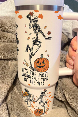 白色1200毫升万圣节跳舞骨架南瓜面部印花热水瓶杯